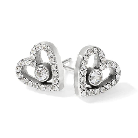 Heart-shaped earrings with clear gemstones on a white background