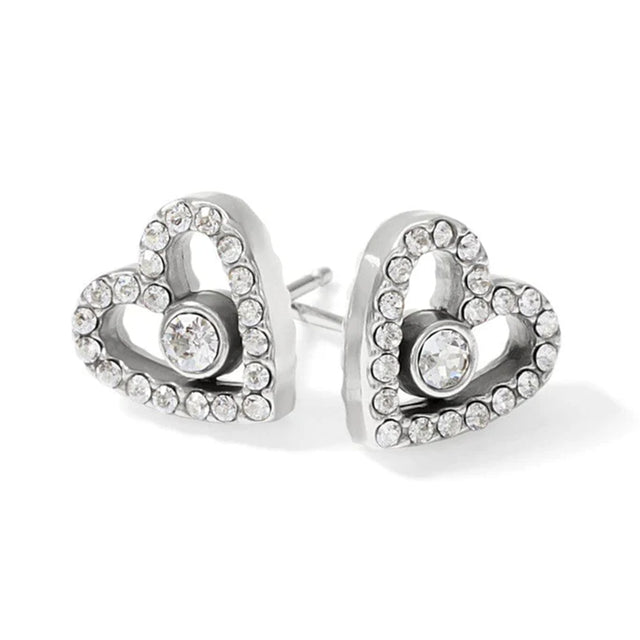 Heart-shaped earrings with clear gemstones on a white background