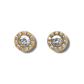 Pair of gold and diamond stud earrings on a white background