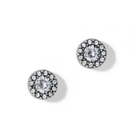 Pair of round stud earrings with clear gemstones on a white background
