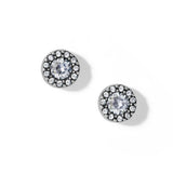 Pair of round stud earrings with clear gemstones on a white background