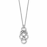 A silver pendant necklace featuring an interwoven Celtic knot design on a delicate chain, shown against a plain white background.