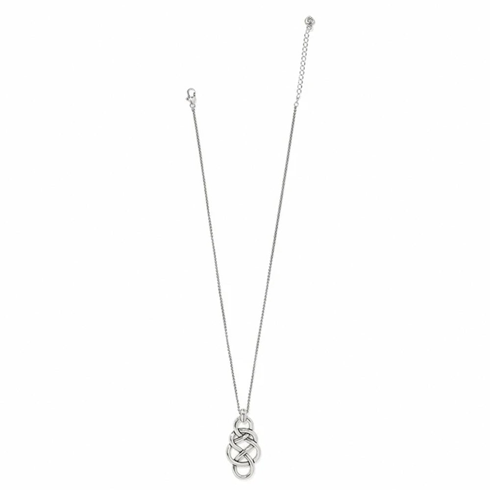 A silver chain necklace with a pendant featuring interlocking circular loops, displayed against a solid white background.