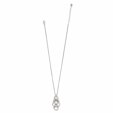 A silver chain necklace with a pendant featuring interlocking circular loops, displayed against a solid white background.