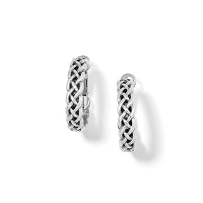 A pair of Brighton Interlok Braid Small Hoop Earrings with intricate braided details in silver color.