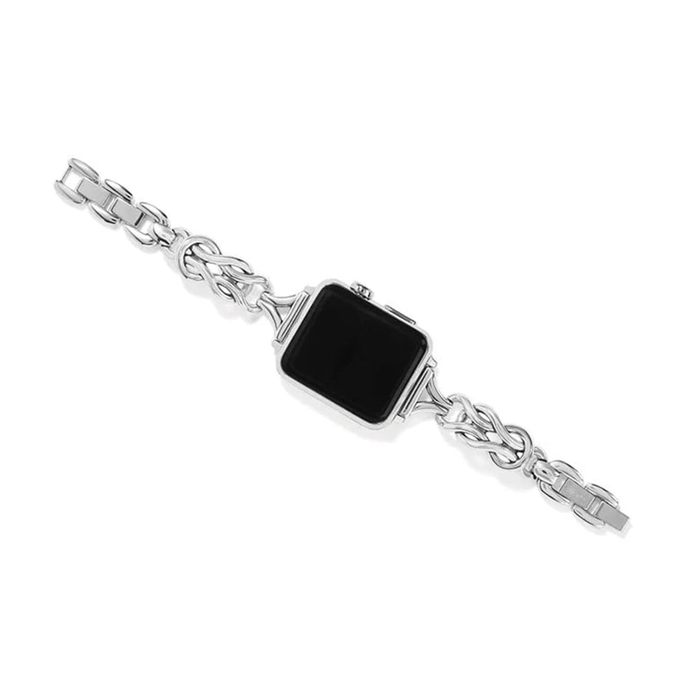 Silver bracelet with a black square stone on a white background