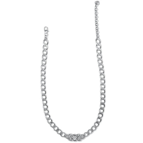 Silver chain necklace with a Celtic design on a white background