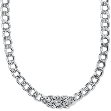 Silver chain necklace with a diamond clasp on a white background