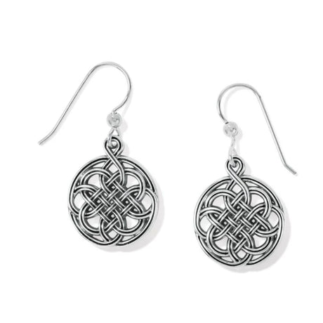Pair of silver Celtic knot earrings on a white background