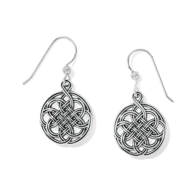 Pair of silver Celtic knot earrings on a white background