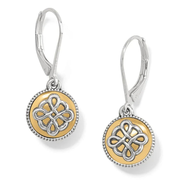 Pair of earrings with gold and silver Celtic knot design on a white background