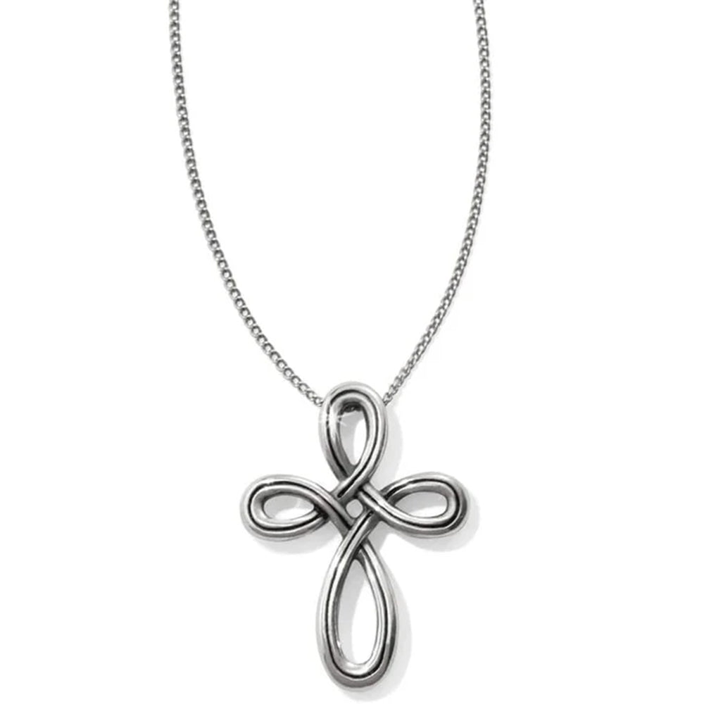 Silver cross pendant necklace on a white background