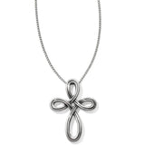 Silver cross pendant necklace on a white background