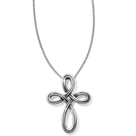 Silver cross pendant necklace on a white background