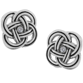 A pair of Brighton Interlok post earrings with a geometric interwoven design in silver color, featuring small clear stones.
