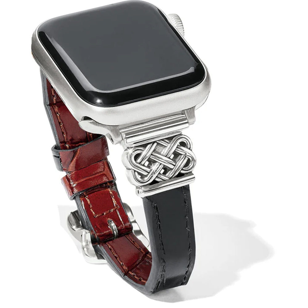Smartwatch with a red and black leather strap on a white background
