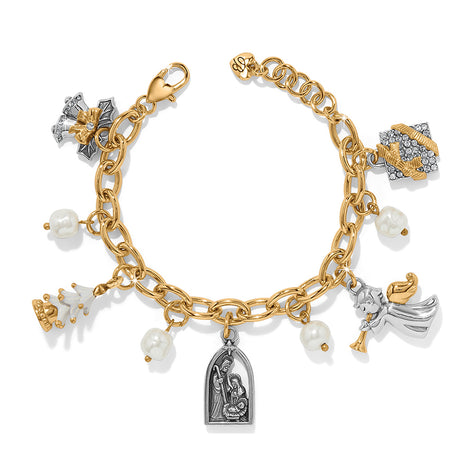 Gold and silver charm bracelet with various charms on a white background