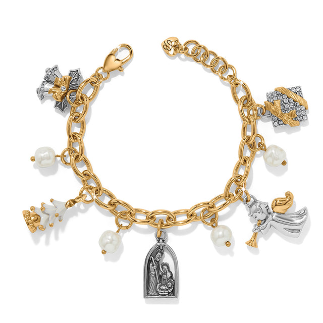 Gold and silver charm bracelet with various charms on a white background