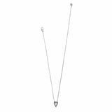 Silver necklace with a triangular pendant on a white background