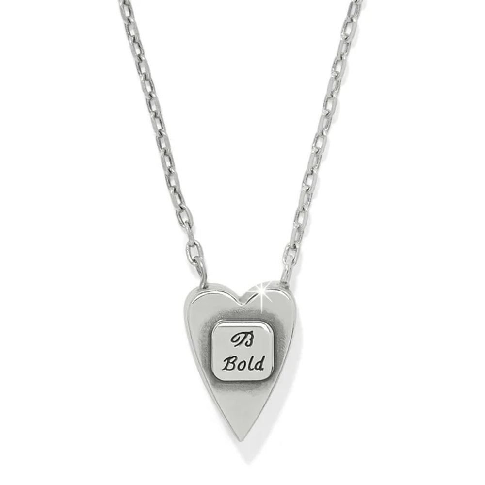 Silver heart-shaped necklace with a smaller square pendant on a white background