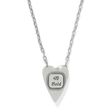 Silver heart-shaped necklace with a smaller square pendant on a white background