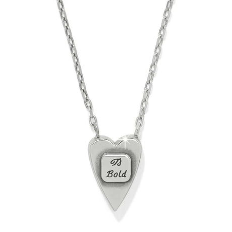 Silver heart-shaped necklace with a smaller square pendant on a white background