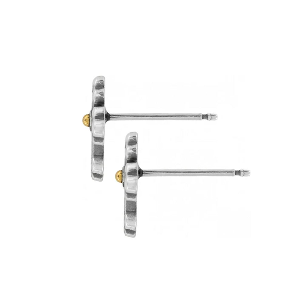 Pair of silver stud earrings with gold accents on a white background