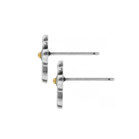 Pair of silver stud earrings with gold accents on a white background