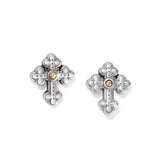 Silver cross-shaped earrings with gold accents on a white background