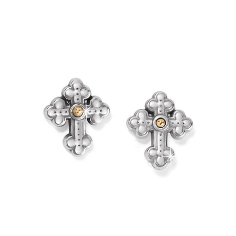 Silver cross-shaped earrings with gold accents on a white background