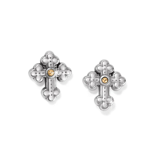 Silver cross-shaped earrings with gold accents on a white background