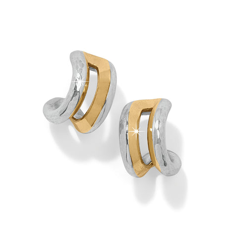 Pair of earrings with gold and silver design on a white background