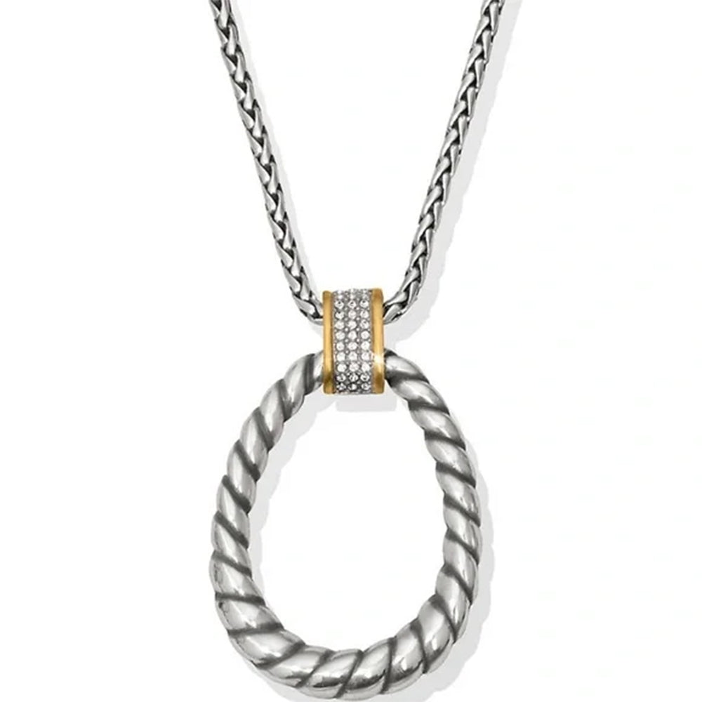 Necklace with a silver and gold pendant on a white background