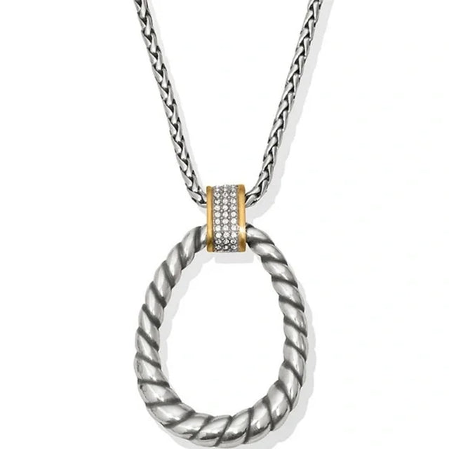 Necklace with a silver and gold pendant on a white background
