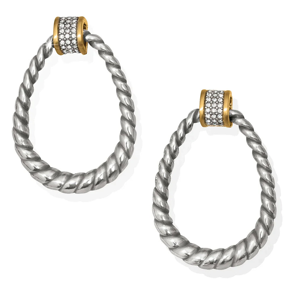 Pair of silver hoop earrings with gold accents on a white background