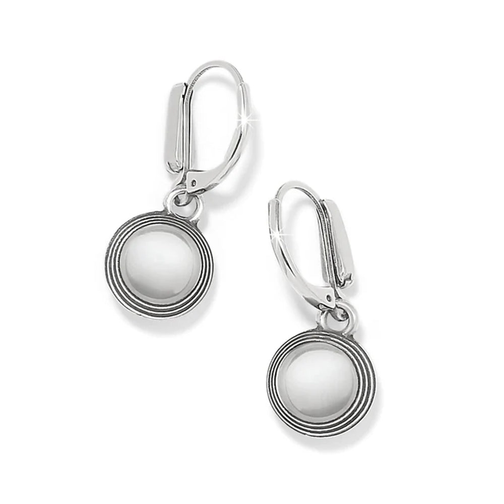 Pair of silver earrings with round white stones on a white background