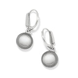 Pair of silver earrings with round white stones on a white background