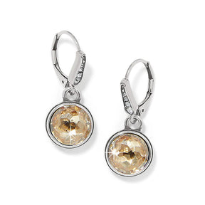 Pair of earrings with round gold gemstones on a white background