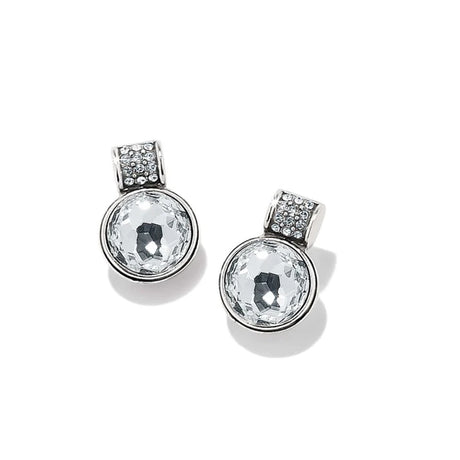 A pair of silver-toned drop earrings featuring a large round clear faceted gemstone in a bezel setting, with a smaller pavé-set round gemstone above it, shown on a white background with soft shadows.