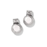 Pair of silver earrings with circular designs on a white background