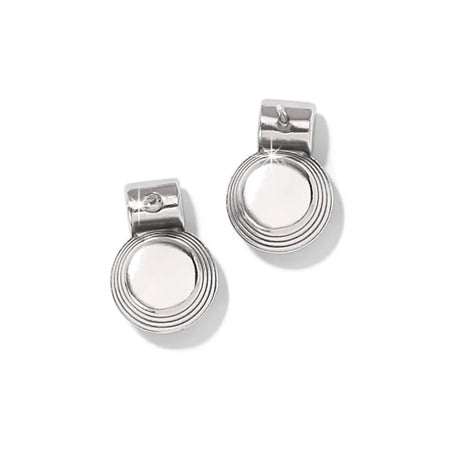Pair of silver earrings with circular designs on a white background