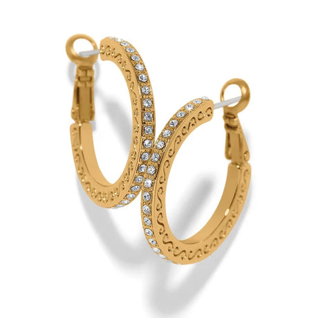 Gold hoop earrings with diamond accents on a white background