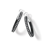 Black hoop earrings with clear stones on a white background