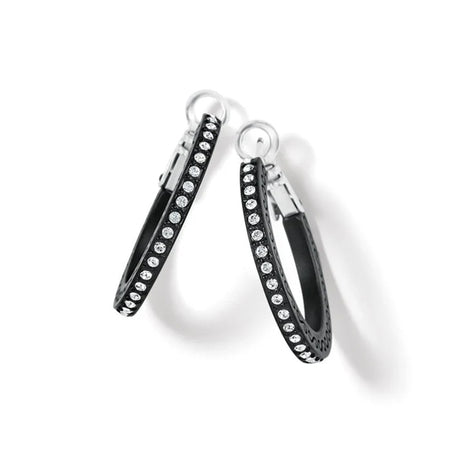 Black hoop earrings with clear stones on a white background