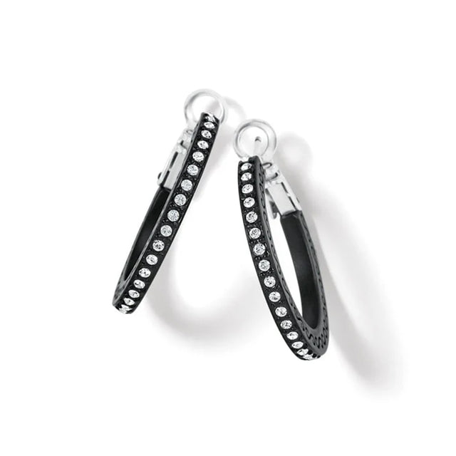 Black hoop earrings with clear stones on a white background