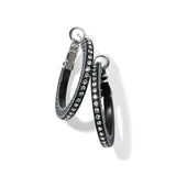 Black hoop earrings with embedded stones on a white background