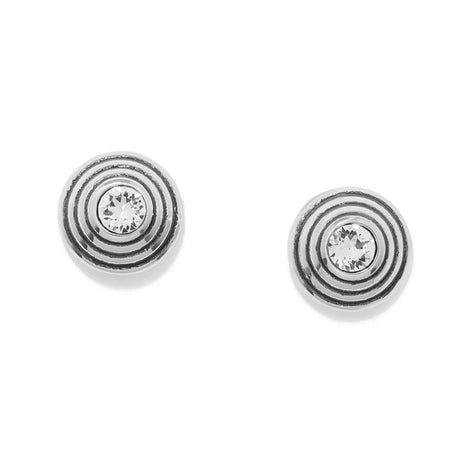 Pair of silver circular earrings with a central gemstone on a white background