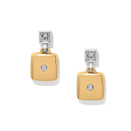 Gold and silver earrings with square designs on a white background