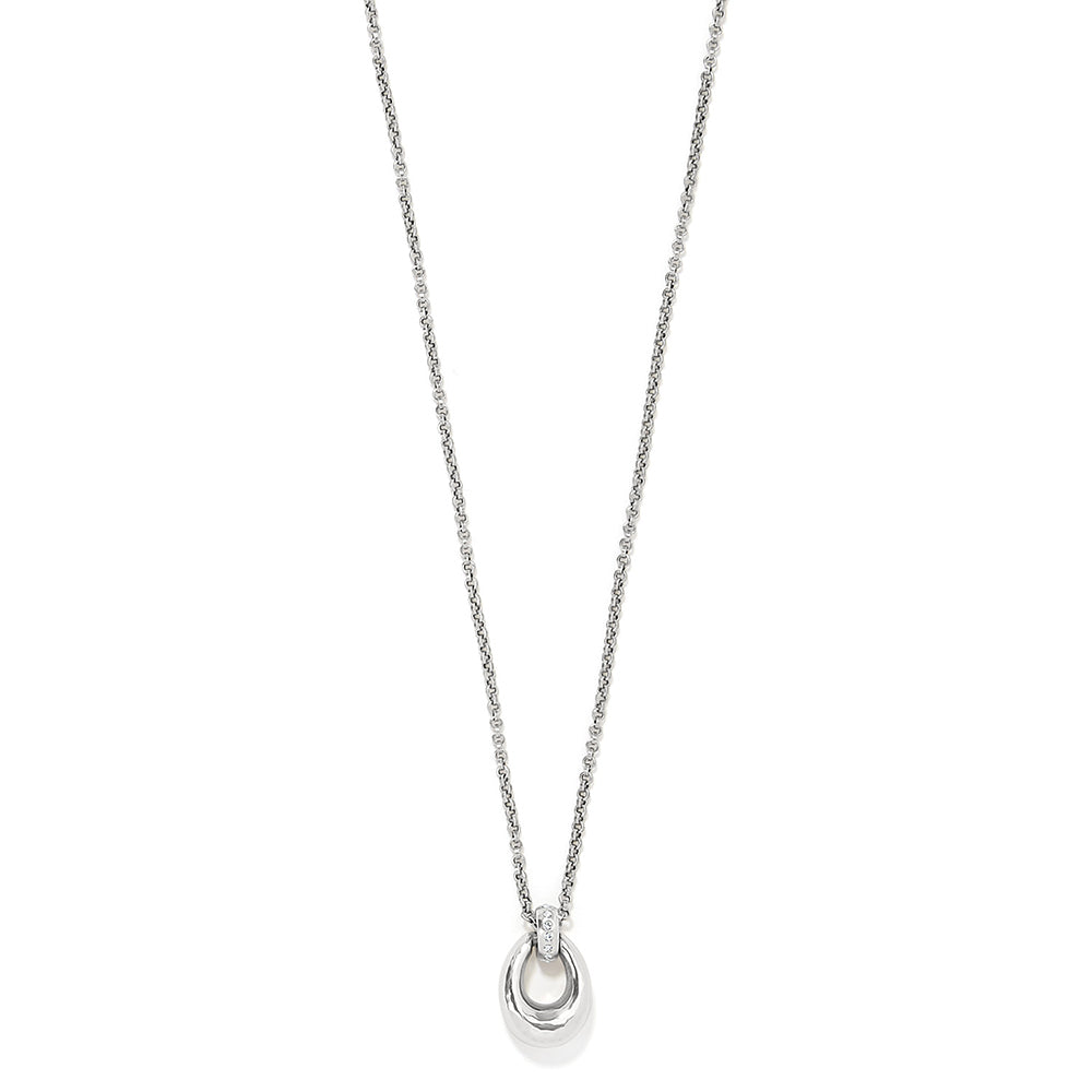 A silver-colored Brighton Meridian Geo Oval Mini Necklace with a small geometric pendant on a chain.