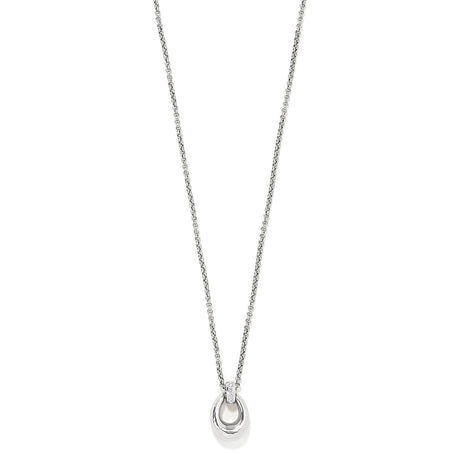 A silver-colored Brighton Meridian Geo Oval Mini Necklace with a small geometric pendant on a chain.